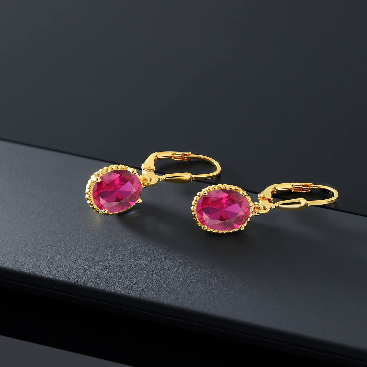 Gem Stone King 18K Yellow Gold Plated Silver Red Created Ruby Leverback Dangle Earrings For Women (4.00 Cttw, Gemstone July Birthstone, Oval 9X7MM)