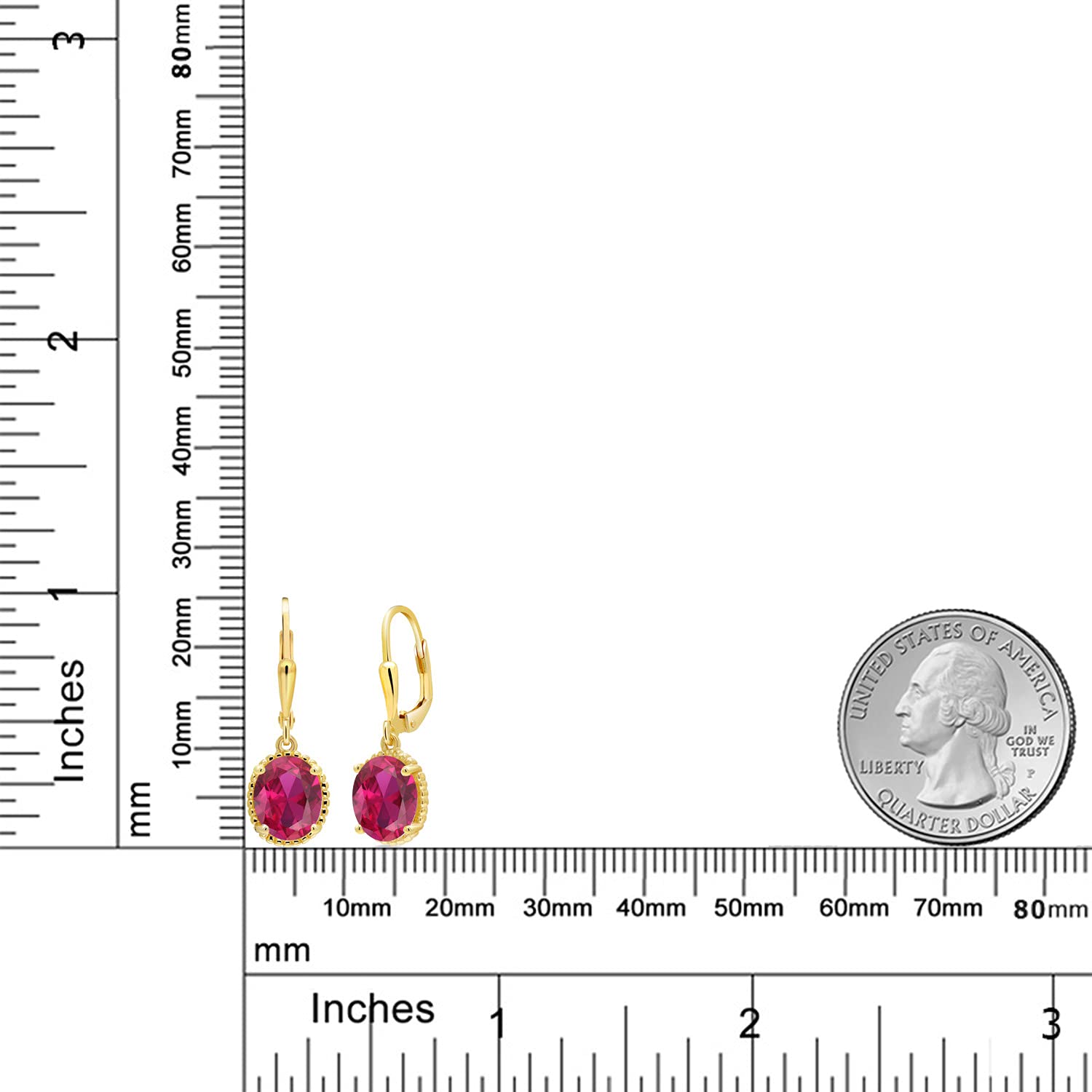 Gem Stone King 18K Yellow Gold Plated Silver Red Created Ruby Leverback Dangle Earrings For Women (4.00 Cttw, Gemstone July Birthstone, Oval 9X7MM)