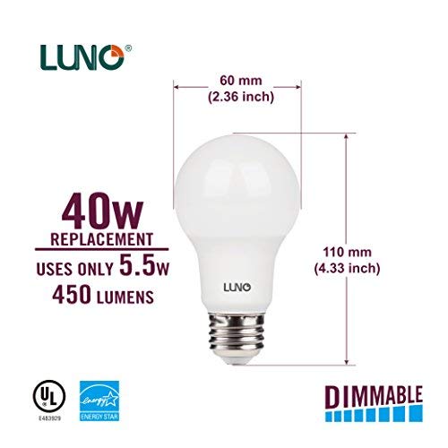 LUNO A19 Dimmable LED Bulb, 5.5W (40W Equivalent), 450 Lumens, 5000K (Daylight), Medium Base (E26), UL & ENERGY STAR (4-Pack)