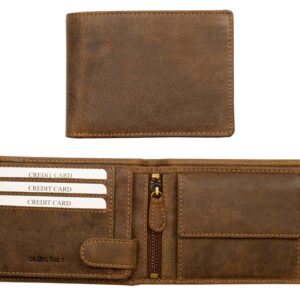 DiLoro Italy Full Size Mens Leather Wallet Bifold Flip ID Zip Coin Wallets with RFID Protection (Dark Hunter Brown With ID)