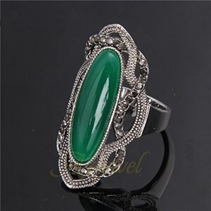 Ajojewel Big Green Resin Stone Rings With Black Rhinestone Women Vintage Jewelry (Green, 8)