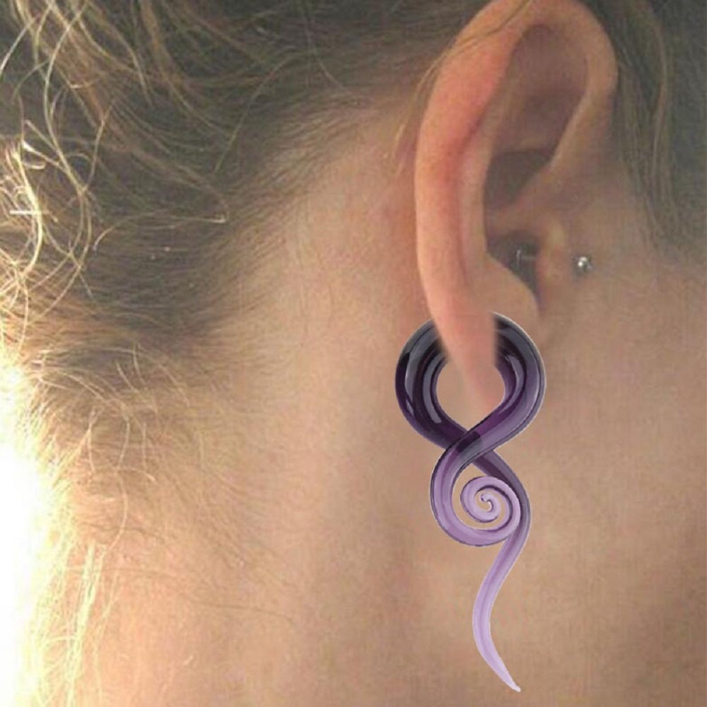 2Pcs Purple Ear Glass Spiral Tapers Plugs Tunnels Expander Gauges Stretching Body Piercings Jewelry (0g(8mm))