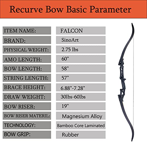 SinoArt Falcon 60" Takedown Hunting Recurve Bow Metal Riser 30 35 40 45 50 55 60 65 70 Lbs Black/Camo Right Handed(60 LBs)