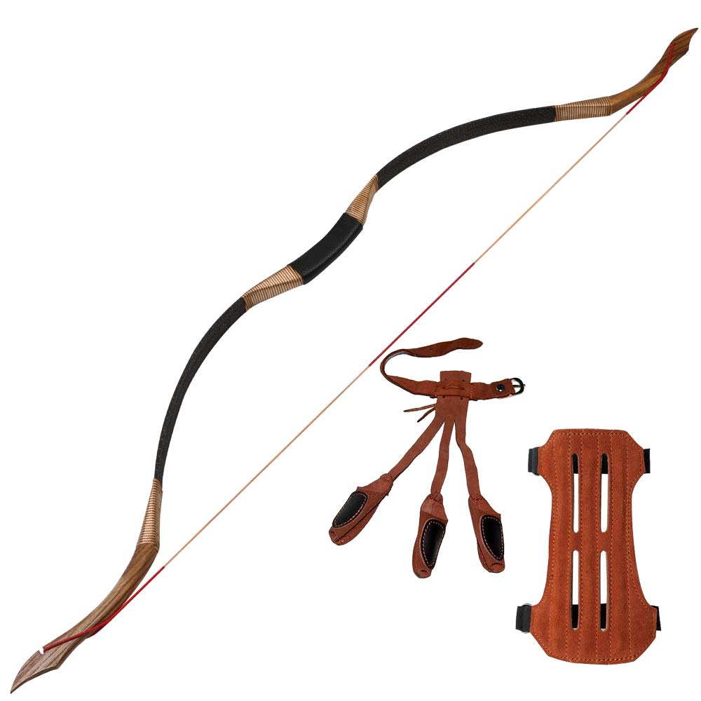 TOPARCHERY Archery 53'' Traditional Recurve Bow Wooden Handmade Mongolian Horsebow Hunting Bow 30-50lbs Longbow for Adult Hunting Practice Arm Guard Finger Tabs Set (30)