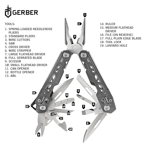 Gerber Gear Truss 17-in-1 Needle Nose Pliers Multi-tool with Sheath - Multi-Plier, Pocket Knife, Serrated Blade, Screwdriver, Bottle Opener - EDC Gear and Equipment - Gray