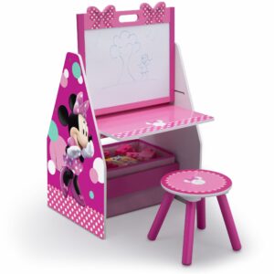 delta children kids easel and play station – ideal for arts & crafts, drawing, homeschooling and more - greenguard gold certified, disney minnie mouse