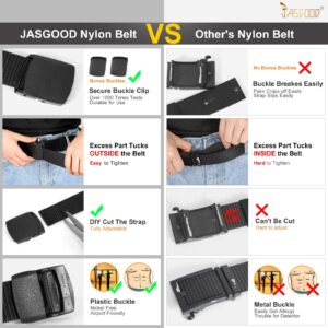 JASGOOD Nylon Military Tactical Men Belt 2 Pack Webbing Canvas Outdoor Web Belt with Plastic Buckle, C-Black+Black, Fits Pant up to 40 Inch