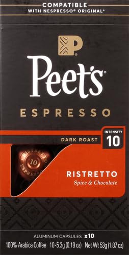 Peet's Coffee, Dark Roast Espresso Pods, Ristretto Intensity 10, 10 Count (1 Box of 10 Espresso Capsules)