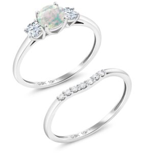 10K White Gold Simulated White Opal and White Created Sapphire and Lab Grown Diamond 3-Stone Bridal Engagement Wedding Ring Set For Women (0.83 Cttw, October Birthstone, Round Cabochon 5MM, Size 7)