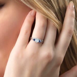 10K White Gold Sky Blue Aquamarine and Blue Created Sapphire and White Lab Grown Diamond 3-Stone Bridal Engagement Wedding Ring Set For Women (0.73 Cttw, Gemstone March Birthstone, Round 5MM, Size 8)