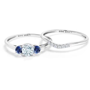 10K White Gold Sky Blue Aquamarine and Blue Created Sapphire and White Lab Grown Diamond 3-Stone Bridal Engagement Wedding Ring Set For Women (0.73 Cttw, Gemstone March Birthstone, Round 5MM, Size 8)