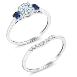 10K White Gold Sky Blue Aquamarine and Blue Created Sapphire and White Lab Grown Diamond 3-Stone Bridal Engagement Wedding Ring Set For Women (0.73 Cttw, Gemstone March Birthstone, Round 5MM, Size 8)