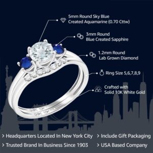 10K White Gold Sky Blue Aquamarine and Blue Created Sapphire and White Lab Grown Diamond 3-Stone Bridal Engagement Wedding Ring Set For Women (0.73 Cttw, Gemstone March Birthstone, Round 5MM, Size 8)