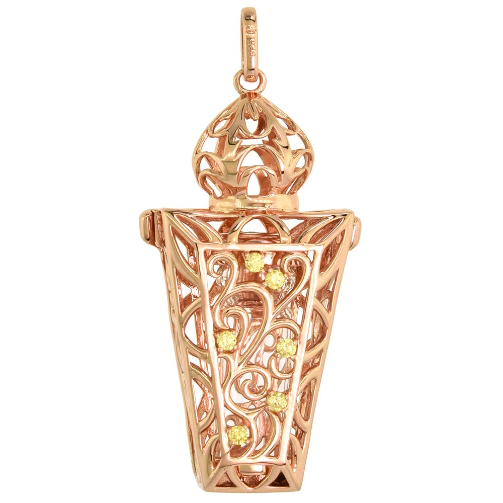 Sterling Silver Prayer Box/Urn Pendant Scroll Motif Yellow CZ Rose Gold Finish, 1 7/16 inch