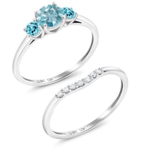 10K White Gold Blue Zircon and Swiss Blue Topaz and White Lab Grown Diamond 3-Stone Bridal Engagement Wedding Ring Set For Women (1.22 Cttw, Gemstone, Round 5MM, Available in Size 5,6,7,8,9)