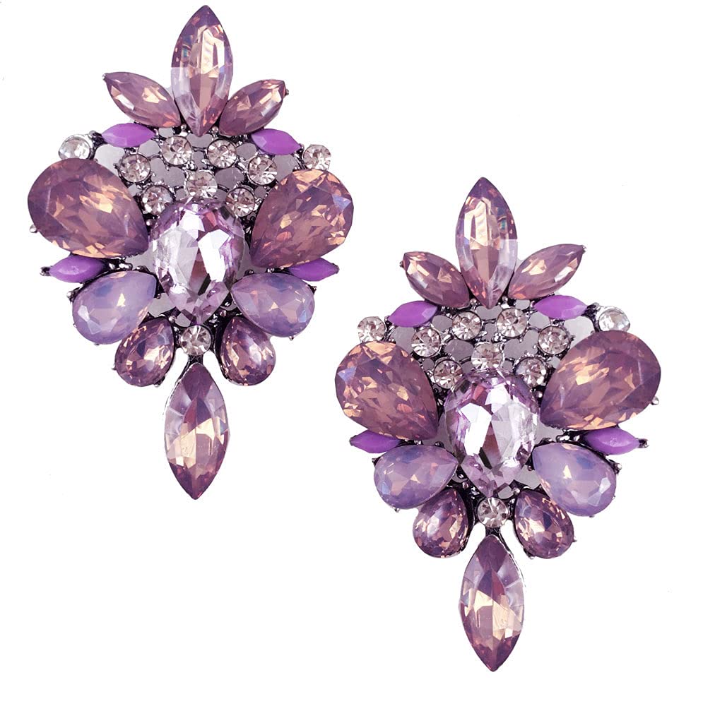 EXTRA LARGE Art Deco Antique Vintage Style Lavender Lilac Purple Amethyst Rhinestone Bridal Bridesmaid Wedding Prom Drag Queen Statement Cluster Earrings