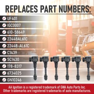 Ignition Coil Pack Set of 6 - Compatible with Infiniti FX35, G35, M35 & Nissan 350Z Vehicles - Replaces 22448-AL61C, UF401, IGC0007, 6734025, 22448AL615 - Year Models 2000-2008 - 3.5L V6 Coils