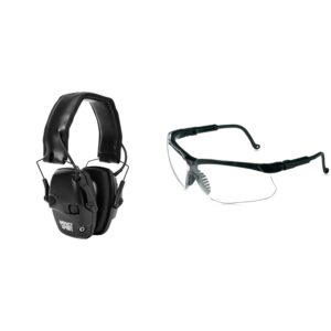 Howard Leight by Honeywell Impact Sport Sound Amplification Electronic Shooting Black Earmuff with Genesis Sharp-Shooter Shooting Glasses, Clear Lens