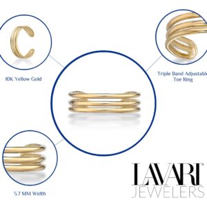 Lavari Jewelers Triple Row Adjustable Band Open Toe Ring for Women I 10k Yellow Gold Toe Ring for Her I One Size Fits Most Toes I 5.7 mm Wide Body Jewelry