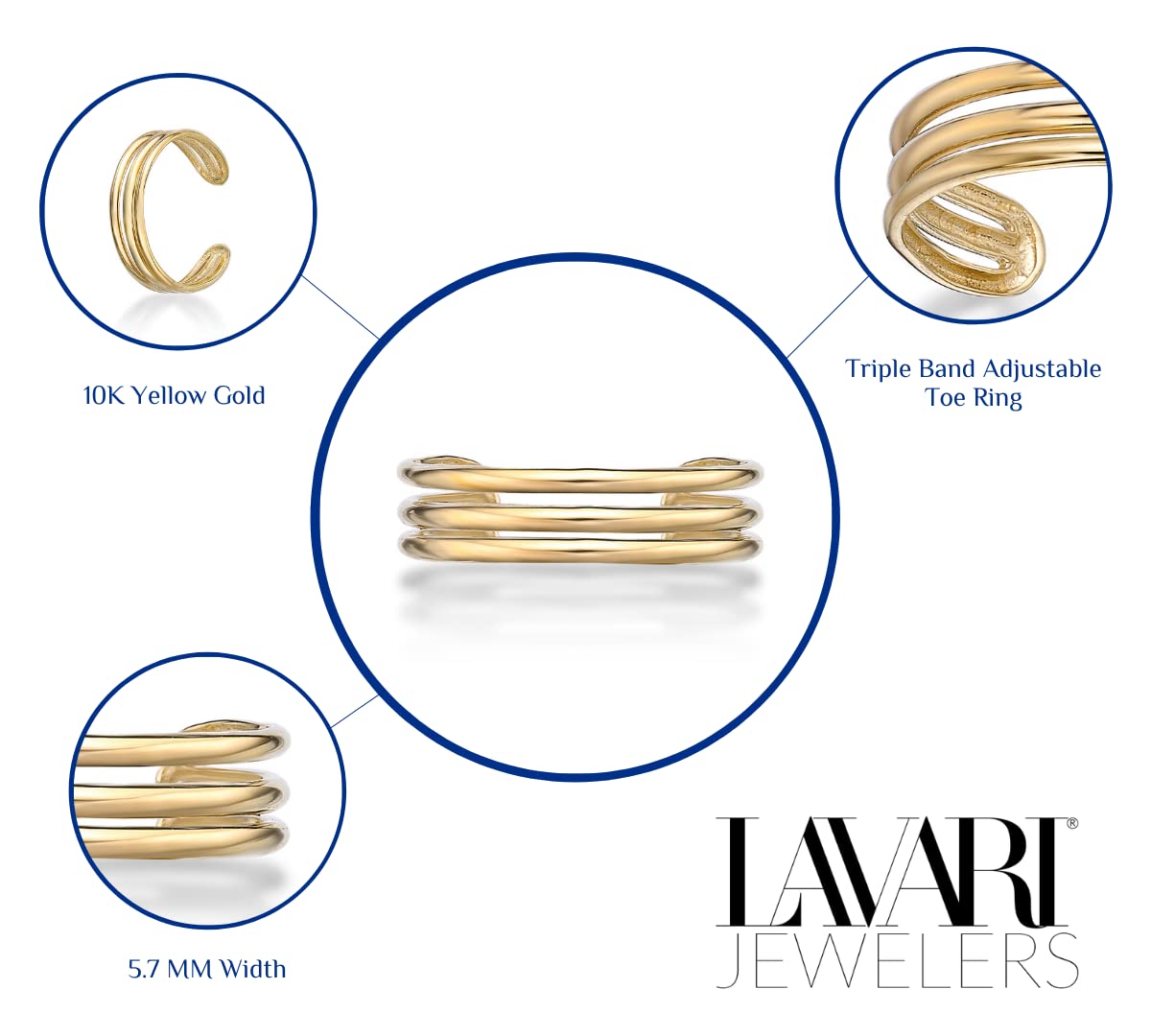 Lavari Jewelers Triple Row Adjustable Band Open Toe Ring for Women I 10k Yellow Gold Toe Ring for Her I One Size Fits Most Toes I 5.7 mm Wide Body Jewelry