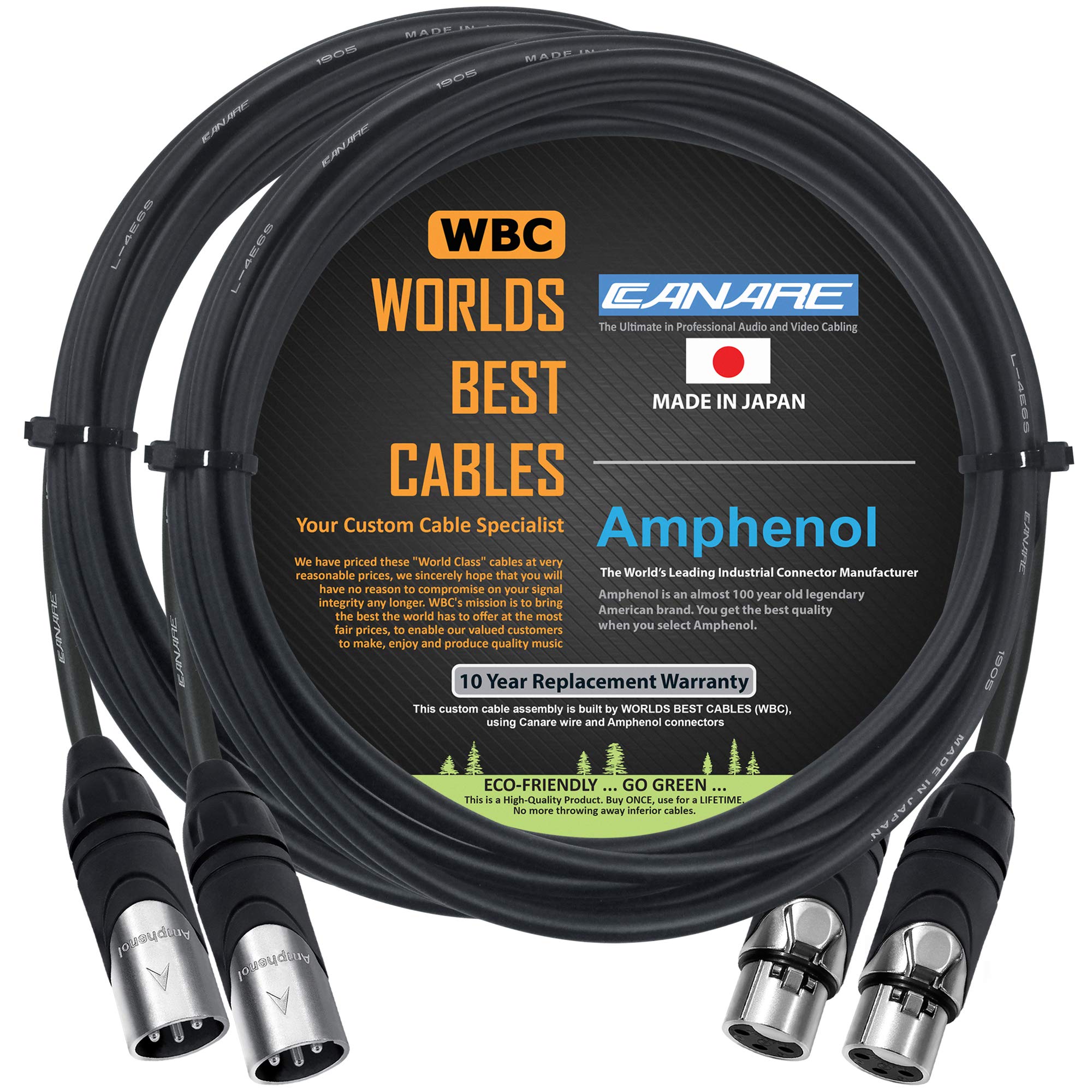 WORLDS BEST CABLES 2 Units - 10 Foot - Canare L-4E6S, Star Quad Balanced Male to Female Microphone Cables with Amphenol AX3M & AX3F Silver XLR Connectors - CUSTOM MADE