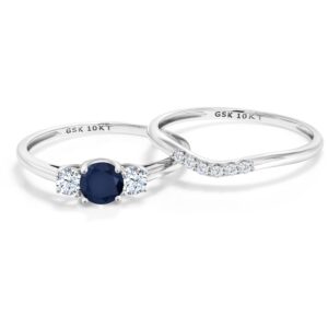 Gem Stone King 10K White Gold Sapphire & White Created Sapphire and Lab Grown Diamond 3-Stone Bridal Engagement Wedding Ring Set For Women | 0.93 Cttw | September Birthstone | Round 5MM