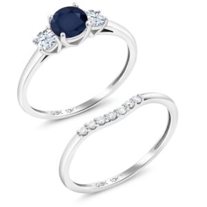 Gem Stone King 10K White Gold Sapphire & White Created Sapphire and Lab Grown Diamond 3-Stone Bridal Engagement Wedding Ring Set For Women | 0.93 Cttw | September Birthstone | Round 5MM