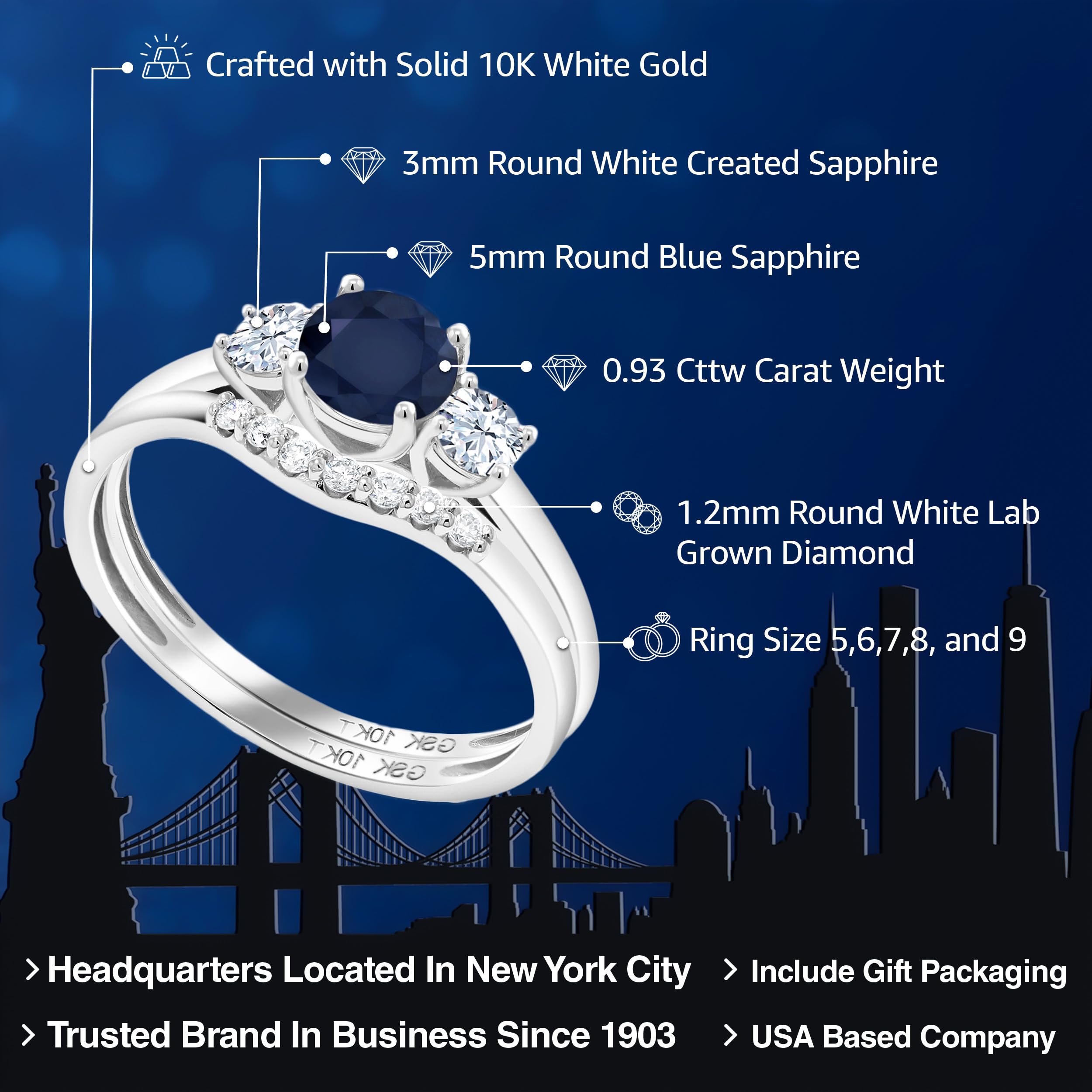 Gem Stone King 10K White Gold Sapphire & White Created Sapphire and Lab Grown Diamond 3-Stone Bridal Engagement Wedding Ring Set For Women | 0.93 Cttw | September Birthstone | Round 5MM