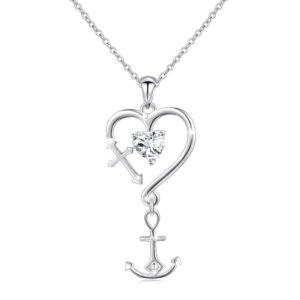 S925 Sterling Silver Faith Hope Love Heart Cross Anchor Pendant Necklace for Women 18"