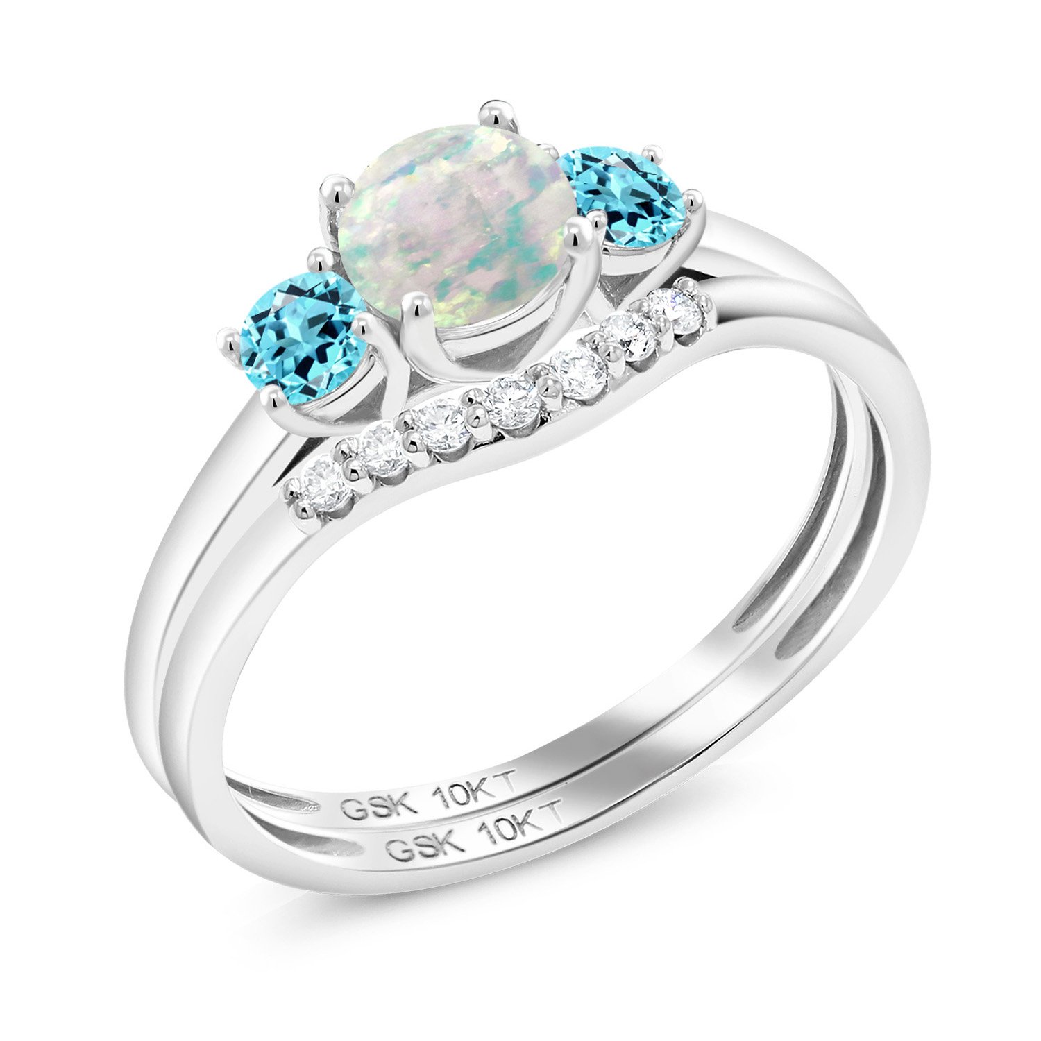 10K White Gold Simulated White Opal and Swiss Blue Topaz and White Lab Grown Diamond 3-Stone Bridal Engagement Wedding Ring Set For Women (0.87 Cttw, October Birthstone, Round Cabochon 5MM, Size 7)