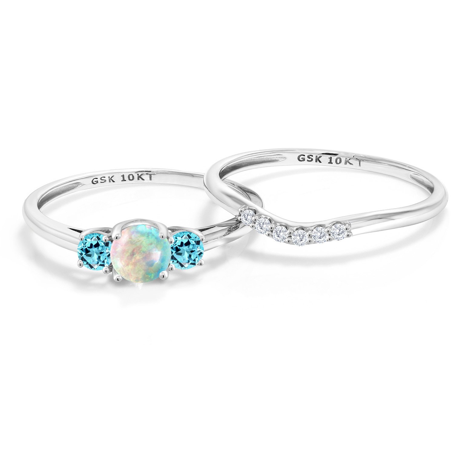 10K White Gold Simulated White Opal and Swiss Blue Topaz and White Lab Grown Diamond 3-Stone Bridal Engagement Wedding Ring Set For Women (0.87 Cttw, October Birthstone, Round Cabochon 5MM, Size 7)