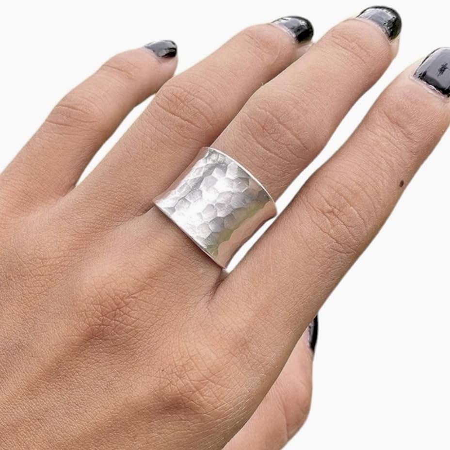 Hammered Sterling Silver Handmade Wide Band Ring, Classic Shiny Finish Wrap Band, Adjustable to Sizes 6-12, Can fit Also as Thumb ring, Gift for Her