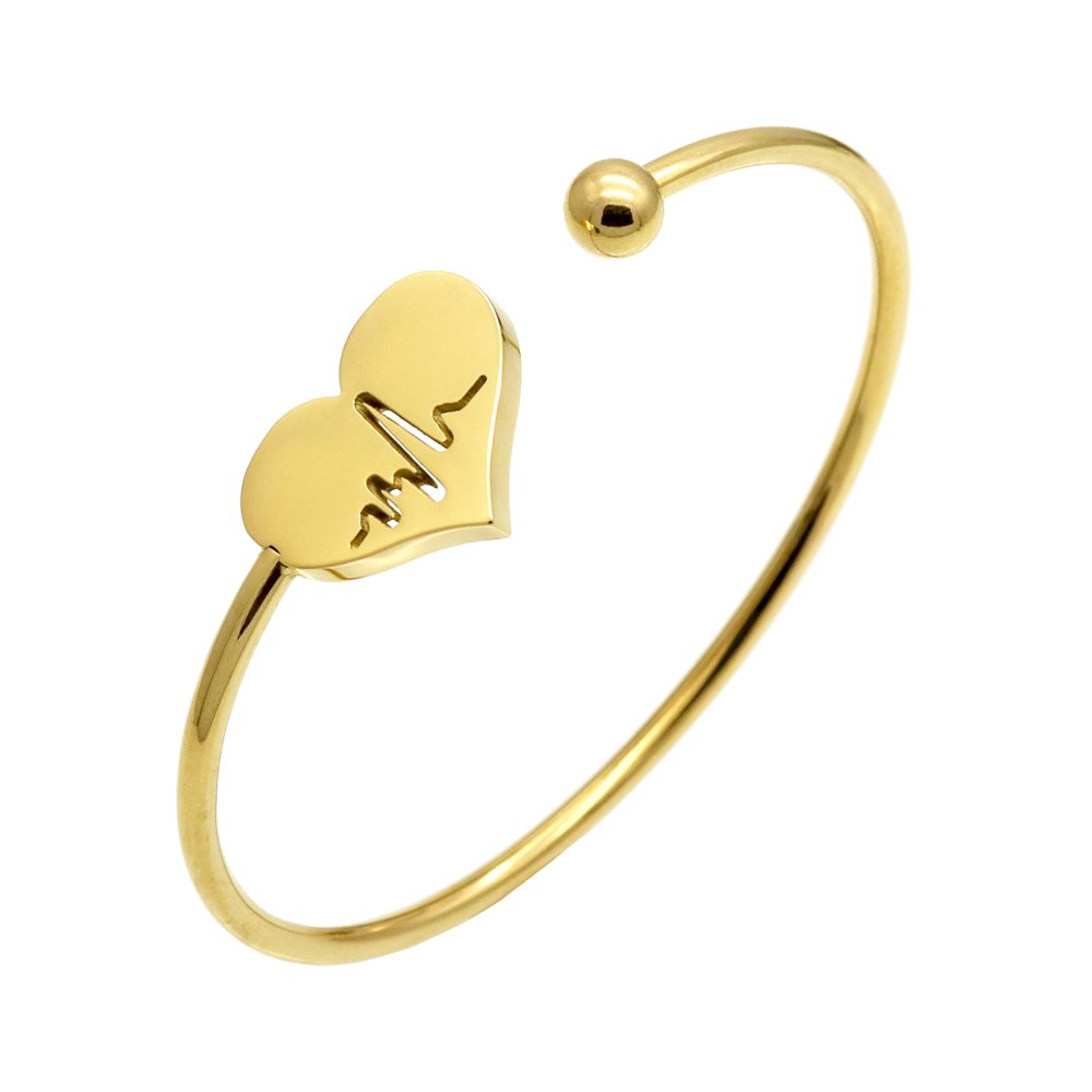 AOCHEE Heartbeat EKG Adjustable Silver Gold Open Cuff Heart Bangle Bracelet