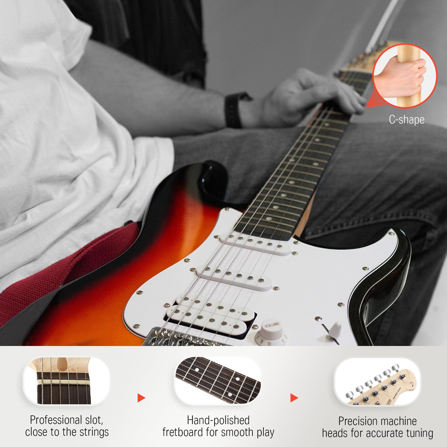 Donner DST-100S 39 Inch Full Size Electric Guitar Kit Solid Body Sunburst, Beginner Starter, with Amplifier, Bag, Capo, Strap, String, Tuner, Cable, Picks