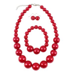 kosmos-li women's large big simulated red pearl statement 19" necklace bracelet and earrings jewelry set