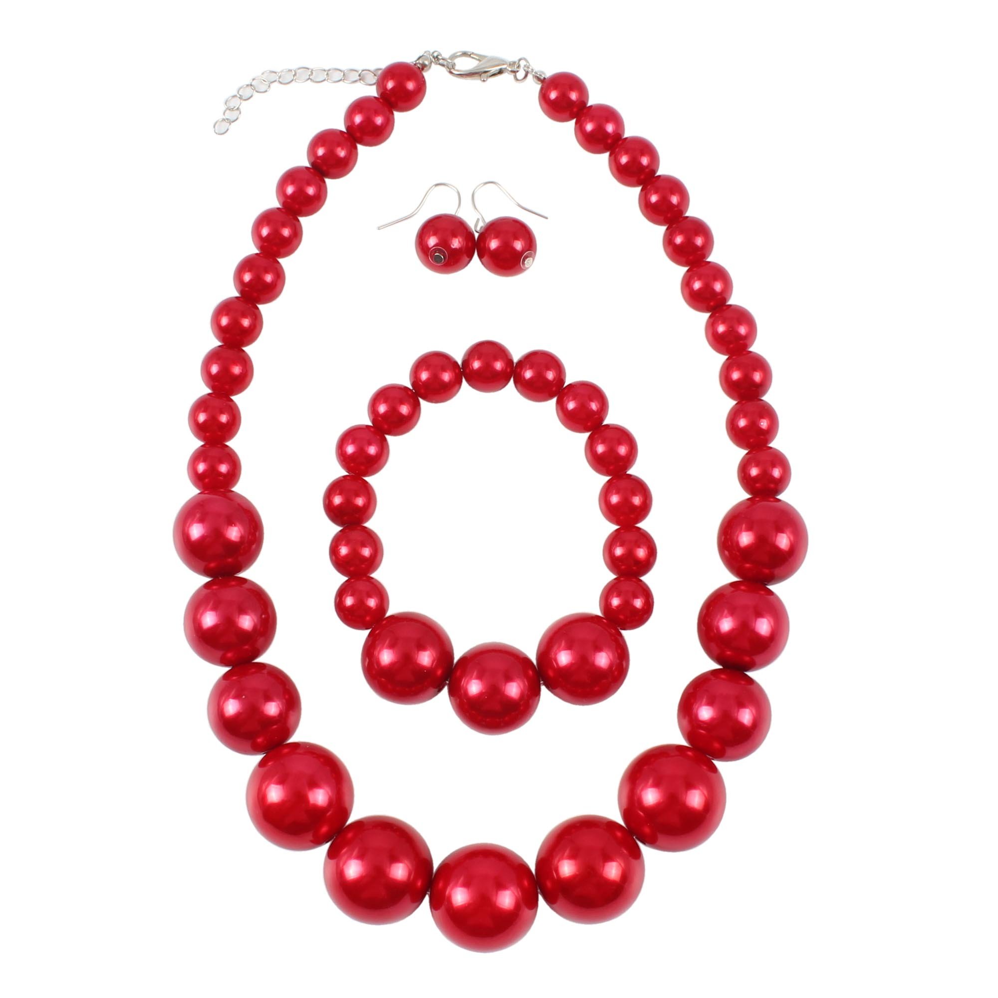 KOSMOS-LI Women's Large Big Simulated Red Pearl Statement 19" Necklace Bracelet and Earrings Jewelry Set