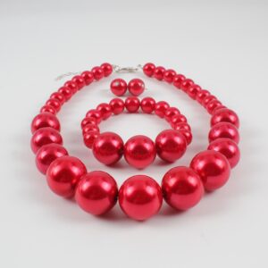 KOSMOS-LI Women's Large Big Simulated Red Pearl Statement 19" Necklace Bracelet and Earrings Jewelry Set