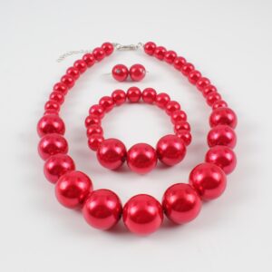 KOSMOS-LI Women's Large Big Simulated Red Pearl Statement 19" Necklace Bracelet and Earrings Jewelry Set