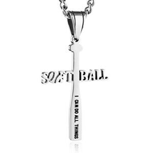 HZMAN Softball Bat Cross Pendant, I CAN DO ALL THINGS STRENGTH Bible Verse Stainless Steel Necklace (Silver)