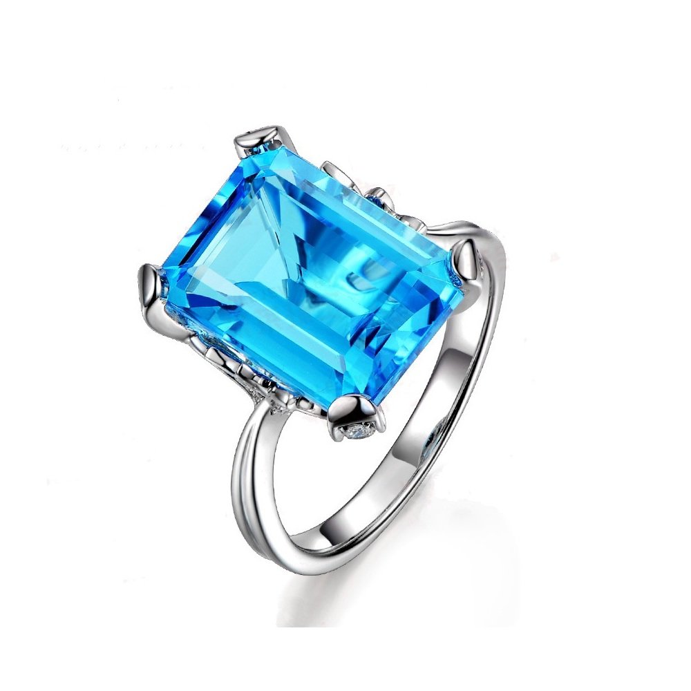 Uloveido Women Rhodium Plated Big Rectangle Blue Party Ring Emerald Cut Lab Blue Topaz Crystal Promise Engagement Rings Dainty Birth Stone Wedding Jewelry for Her Size 10 RJ292