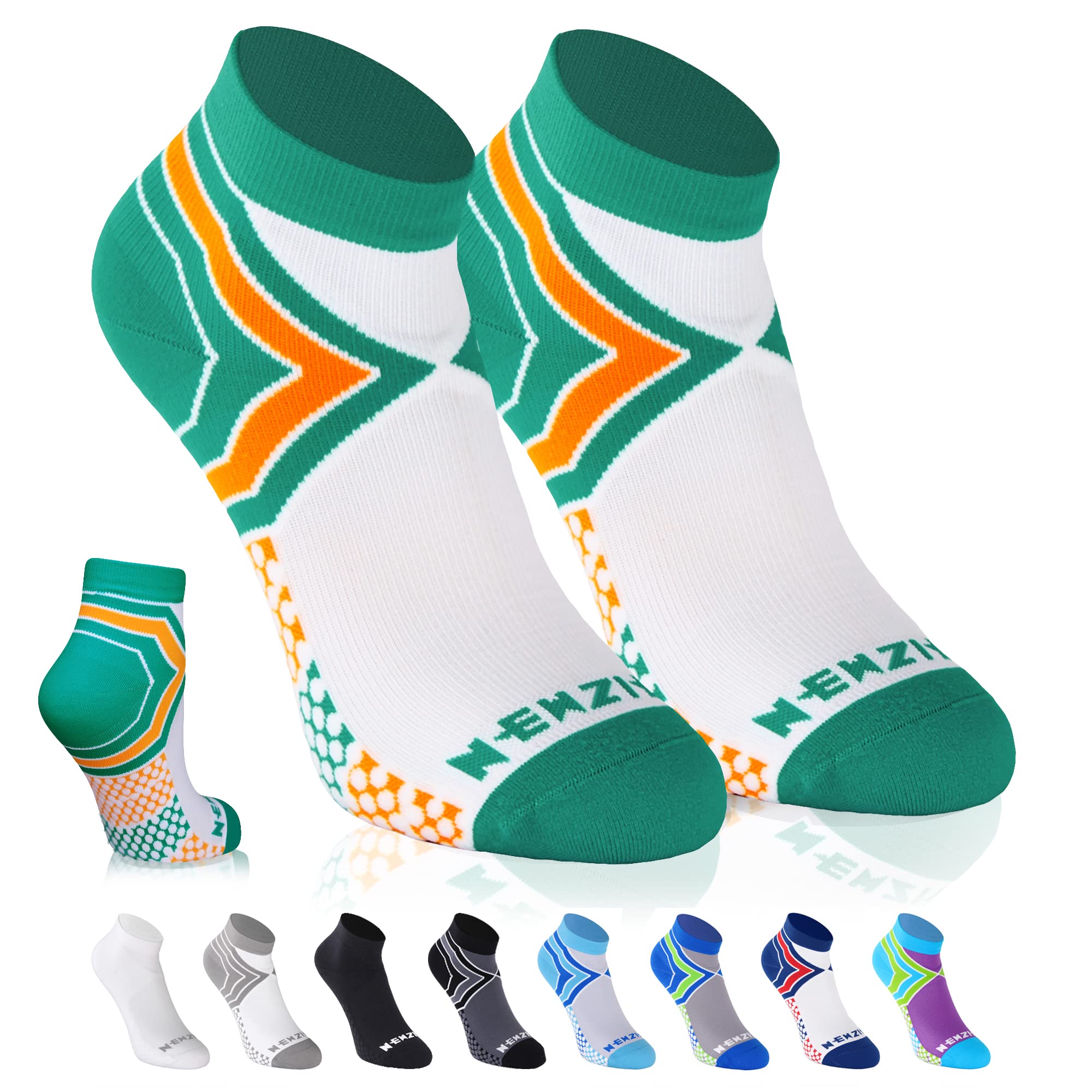 NEWZILL Low Cut Compression Socks - Unisex Running Socks with Embedded Frequency Technology for Heel, Ankle & Arch Support (Large, Green/Orange)