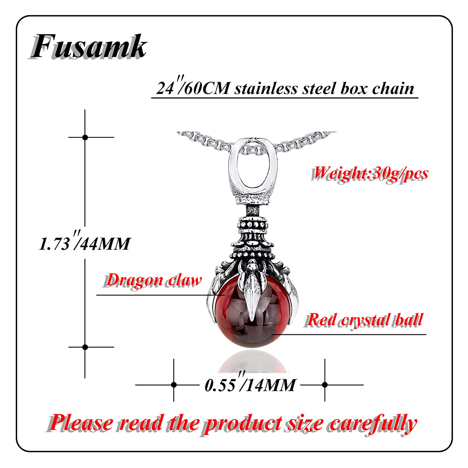 Fusamk Punk Rock Titanium Steel Dragon Claw Crystal Ball Pendant Necklace(Claw_Red_Ball)