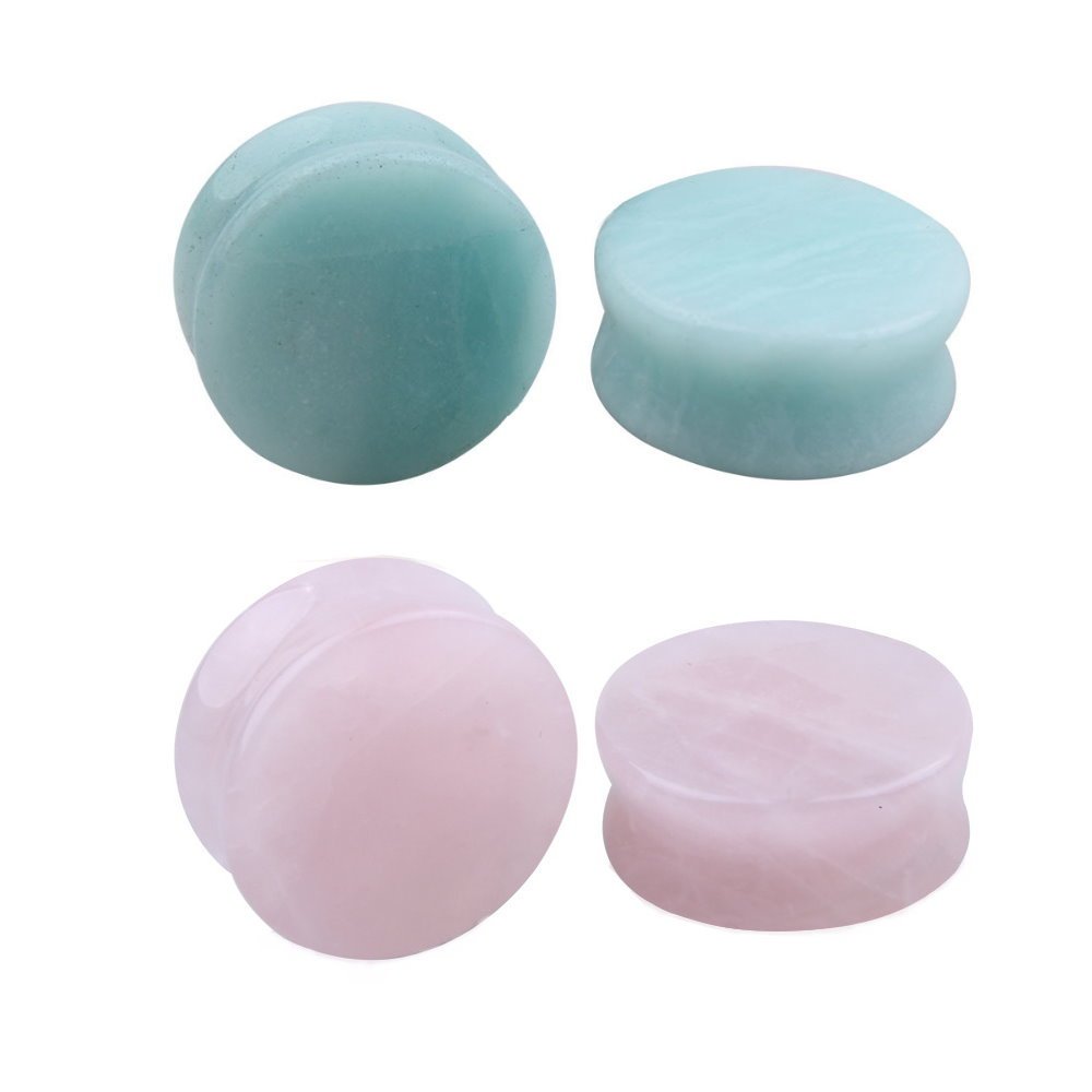 NewZenro 2Pairs Rose Quartz Aventurine Natural Organic Stone Ear Plugs Gauges Tunnel Expanders Stretcher Double Flared Amazonite Flesh Piercings Body Jewelry Set (00g(10mm))