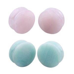 NewZenro 2Pairs Rose Quartz Aventurine Natural Organic Stone Ear Plugs Gauges Tunnel Expanders Stretcher Double Flared Amazonite Flesh Piercings Body Jewelry Set (00g(10mm))