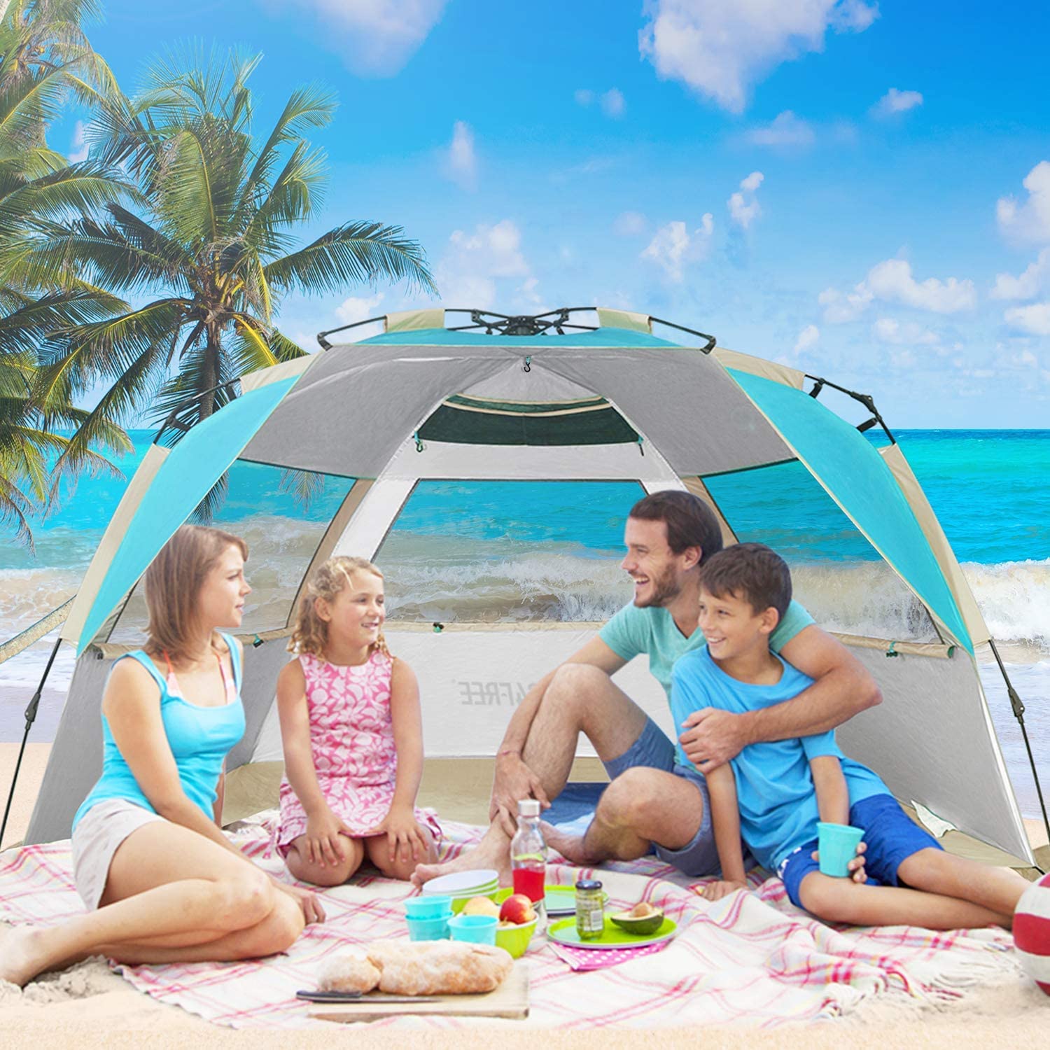 G4Free Easy Set up Beach Tent Deluxe XL, Portable Beach Shade 4 Person Pop up Sun Shelter UPF 50+ UV Protection Large Family Size(Lake-Blue)