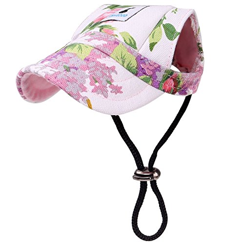 Pawaboo Dog Baseball Cap, Adjustable Dog Outdoor Sport Sun Protection Baseball Hat Cap Visor Sunbonnet Outfit with Ear Holes for Puppy Small Dogs, XL, Floral Purple