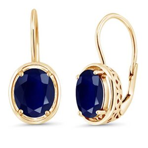 Gem Stone King 18K Yellow Gold Plated Silver Blue Sapphire Earrings | Oval 9X7MM Dangle Earrings for Women | 5.00 Cttw | Gold Earrings for Women