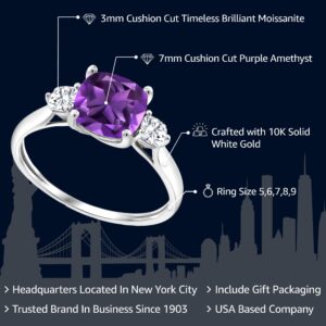 Gem Stone King 1.66 Cttw 10K White Gold Purple Amethyst and White Moissanite 3-Stone Engagement Ring | 3 Stone Wedding Anniversary Promise Ring For Women | Size 5,6,7,8,9