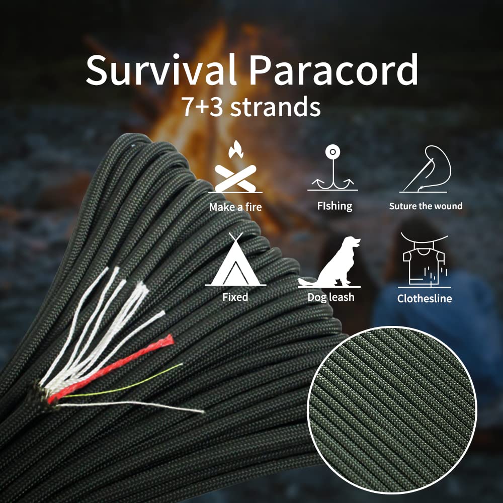 Survival Paracord Rope PSKOOK 100 Feet Fire Starter Parachute Cord 7-Strand Nylon with Red Tinder Cord PE Fishing Line Cotton Thread for Outdoor Lanyards, Bracelets, Handle Wraps (Orange)