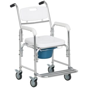 homcom 3-in-1 shower commode wheelchair, transport beside commode chair, waterproof rolling over toilet chair 330 lbs. weight capacity with padded seat, white